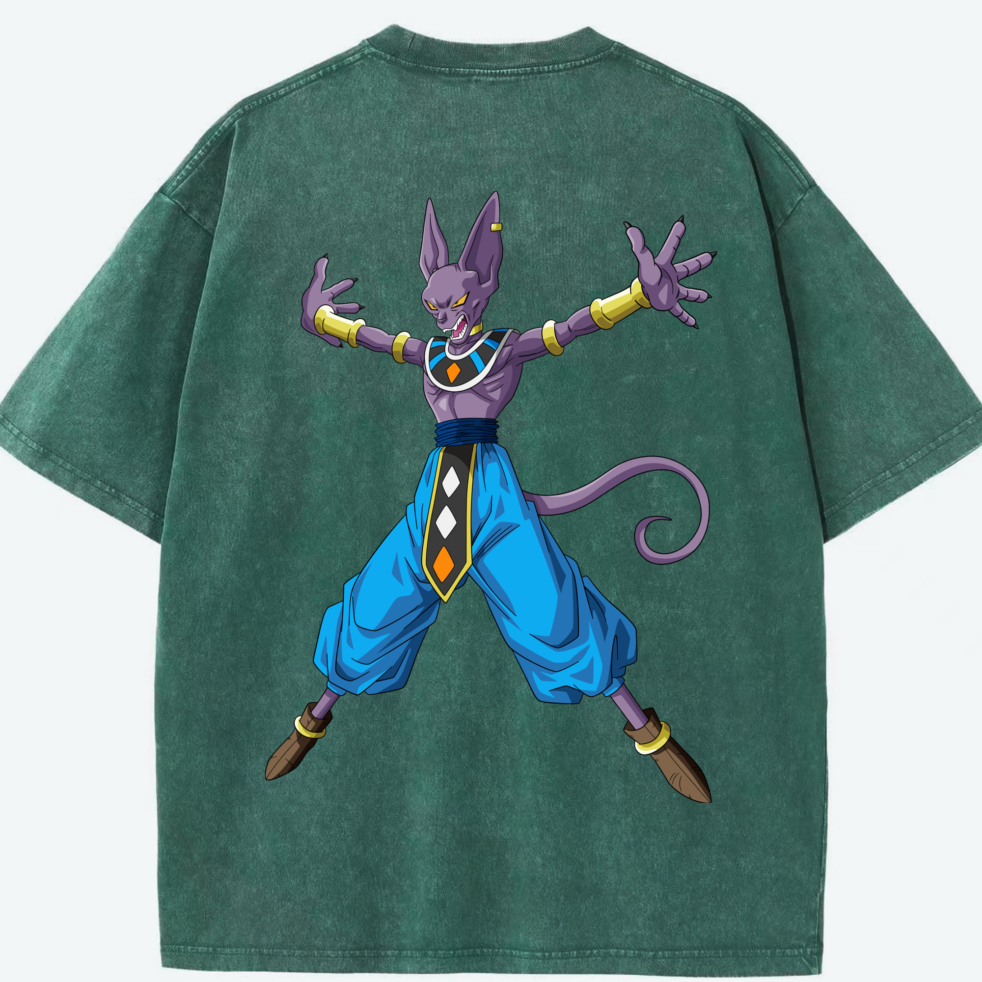 （画像用） ドラゴンボール ビルス 破壊神ビルス DRAGON BALL Beerus Birusu 綿100% ヴィンテージ風 半袖Tシャツ（背面プリント）